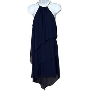Betsy Adam Navy Blue Halter Neck Layered Party Cocktail Dress